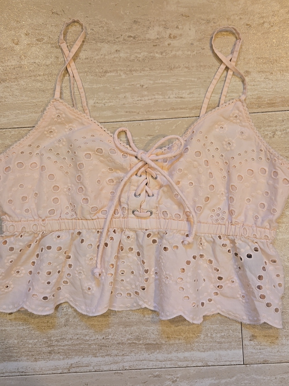 Aerie Blush Pink Eyelet Lace-Up Festival Crop Top